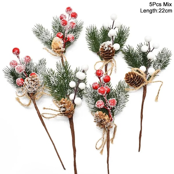 5 st Jul Röda Bär Konstgjord Blomma Tallkotte Gren Julgransdekorationer Ornament Presentförpackning Hem DIY Krans 3red 2white