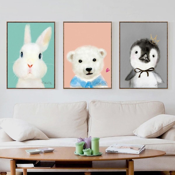 Wekity Tecknad Pingvin, Kanin och Björn Väggkonst Canvas Tryck Affisch, Enkel Söt Akvarell Konst Ritning Dekor för Hem Vardagsrum Sovrum och Barnrum