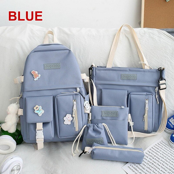 5 stk Sett Ryggsekker For Student Skoleveske For Jenter Multifunksjonelle Skoleryggsekker Håndveske Stor Kapasitet Jenters Pennal 5pcs Blue1
