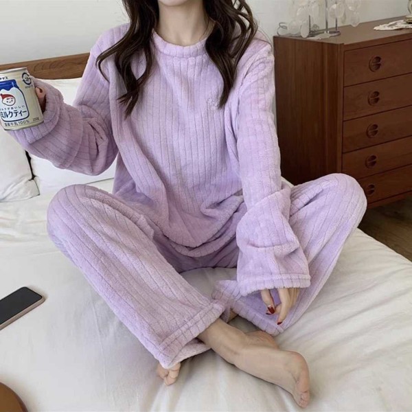 Höst Vinter Dam Koreansk Mode Temperament Korall Fleece Varma Pyjamas Set Tjock Plus Sammet Söt Bekväm Andningsbar Casual Hemmakläder Purple One Size