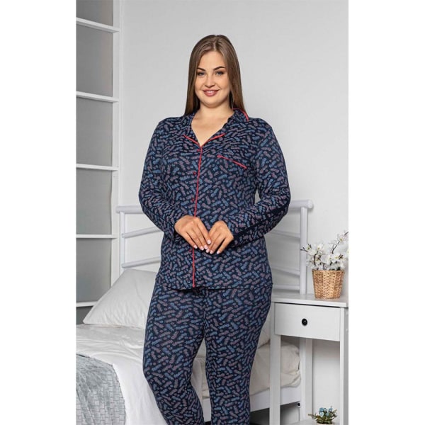 Plus Size Knäppt Masculine Pocket Pyjamas Set Navy blue 46-48