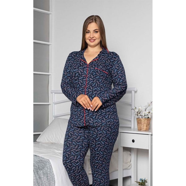 Plus Size Knäppt Maskulin Pyjamas Set med Fickor Navy blue 50-52