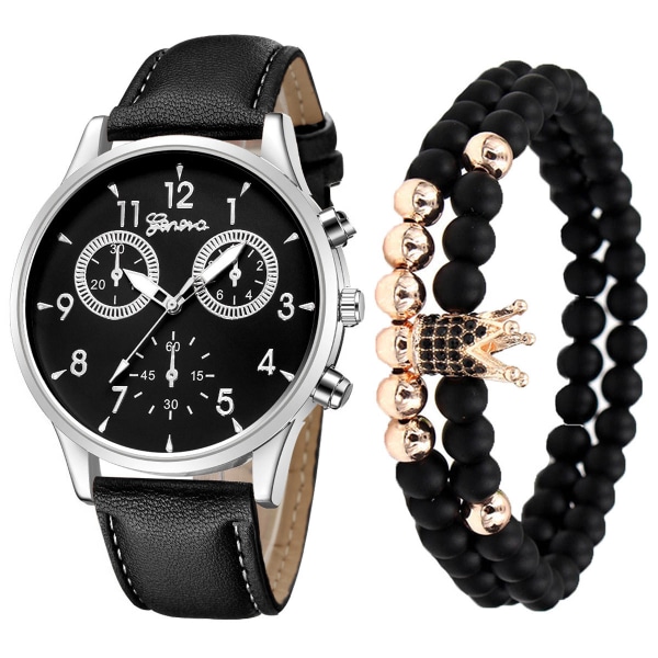 3 st/set Herr Mode Kreativ Falsk Tre-Ögon Bälte Quartz Klocka Armband Set Armbandsur Rose gold black suit