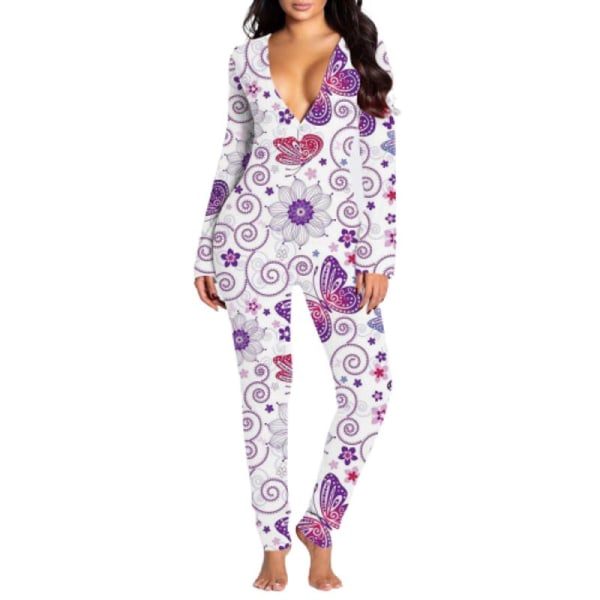 Sexet Print Dame Onesies Sleep Jumpsuit Langærmet Dyb V-Hals Bodycon Pyjamas Jumpsuit Rompers Nattøj 04 L