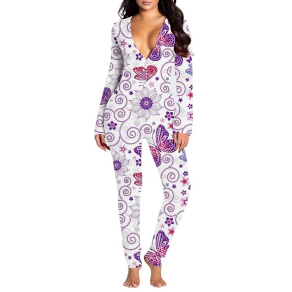 Sexigt Tryck Dam Onesies Sov Jumpsuit Långärmad Djup V-ringning Bodycon Pyjamas Jumpsuit Rompers Sovkläder 02 M
