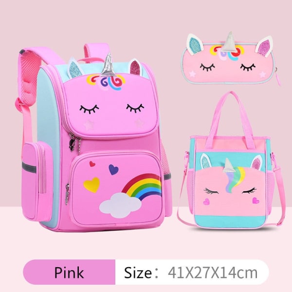 Skolväska söt 3D tecknad skolryggsäck set grundskoleväskor för flickor regnbåge kärlek hjärta barn penna penna handväska set Pink-3 Backpacks