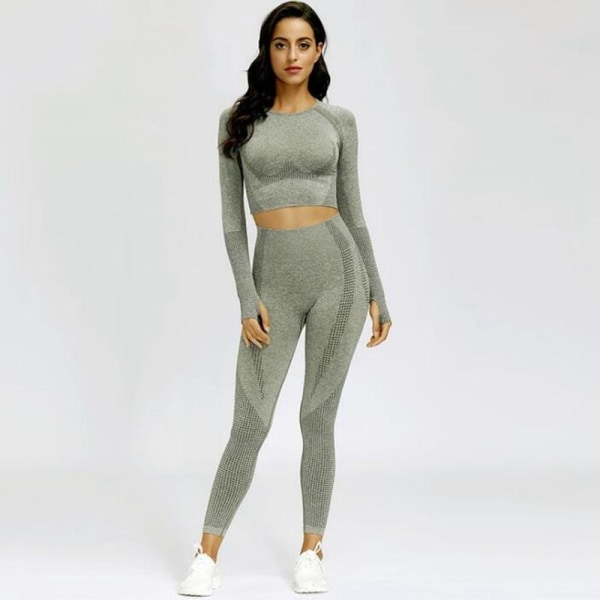 Yogaset Fitness Sportdräkter GYM Kläder träningsoverall topp High Waist Leggings för kvinnor khaki green set S