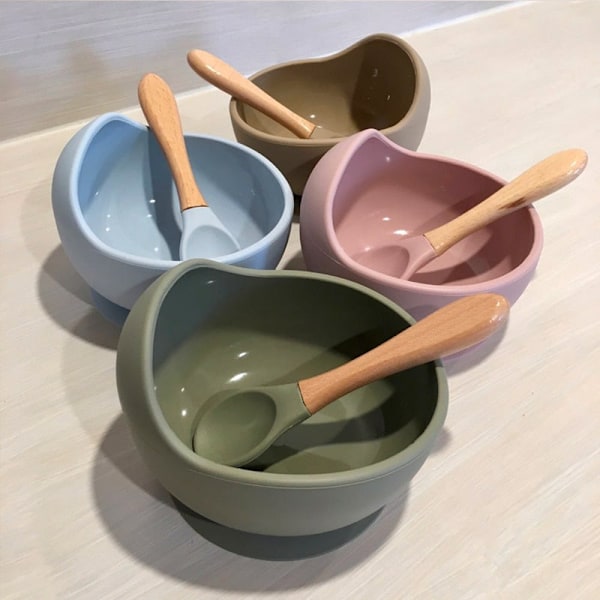 Ny Silikone Baby Madskål Service Vandtæt Ske Skridsikker Service BPA Fri Silikone Tallerkener til Baby Skål Baby Tallerken Blue-Silicone Spoon