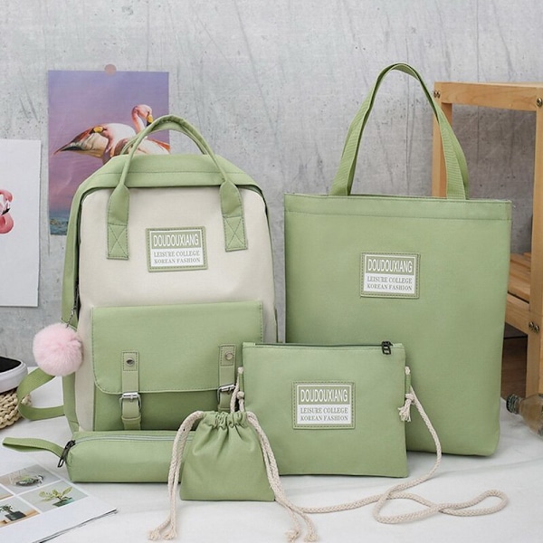 4 stk. sæt Lærred Skoletasker Til Teenagepiger Rygsæk Kvinder Laptop Rygsæk Skoletasker Til Drenge Rejse Rygsæk Mochila Escolar 5pcs Green-Tassel