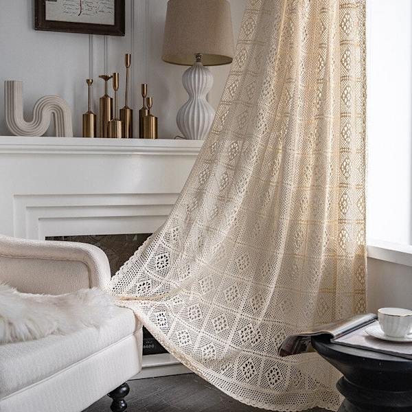 Heminredning Sovrum Spetsgardin Genomskinlig Retro Ihålig Virknål Bondgård Golvgardiner för Vardagsrum Beige 100x180cm(WxH)