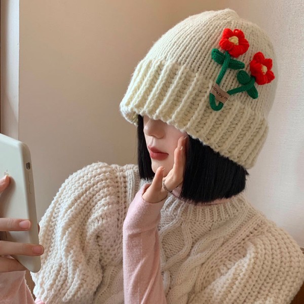 Söta Blommor Ullmössa Dam Höst och Vinter Koreansk Stil Litet Ansikte Stickad Hatt Japansk Stil Stor Huvudomkrets Varm Allmatchande Hatt Rose Red M(56-58cm)