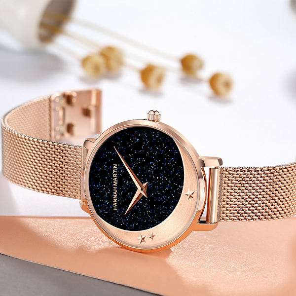 Movement Stjärnklar Måne Klocka Dam Rostfritt Stål Mode Stjärnhimmel Klocka 1334F rose gold