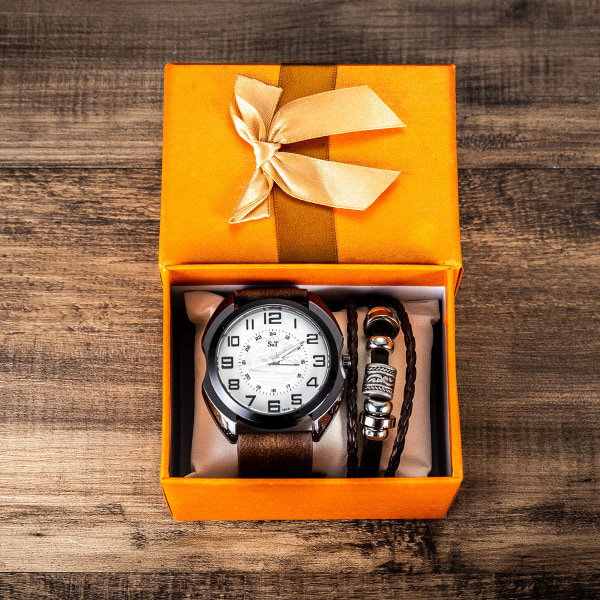 Herrklocka med enkelt bälte, kvartsur, armbandset - 2 st/set Brown