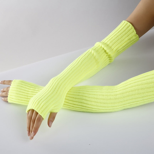 Nye Lange Fingerløse Handsker Dame Vinter Varme Strikkede Armærmer Fine Afslappede Bløde Pige Goth Tøj Kvinder Punk Gotiske Handsker Fluorescent Yellow length-52cm