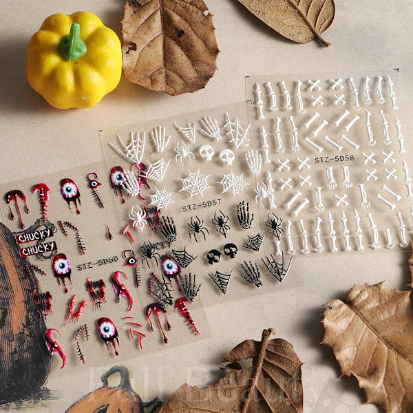 5D Halloween Nageldekaler Spindelväv Skräckögon Ansikte Pumpa Nageldekaler Präglade Designer Sliders Folier Manikyr TRSTZ-5D STZ-5D18