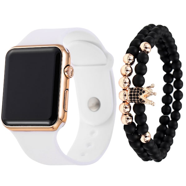 3 st/set Herr Mode Enkel LED Silikon Elektronisk Klocka Armband Set Rose gold shell White Belt
