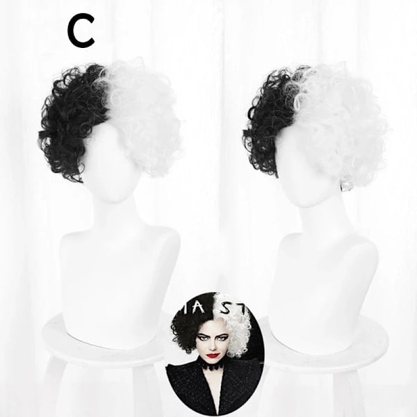 Halloween Cosplay Cruella De Vil Kuila Halv Svart Halv Ett Hundra Små Korta Lockiga Cos Peruk Perukmössor för Att Göra Peruker Danganronpa C One size
