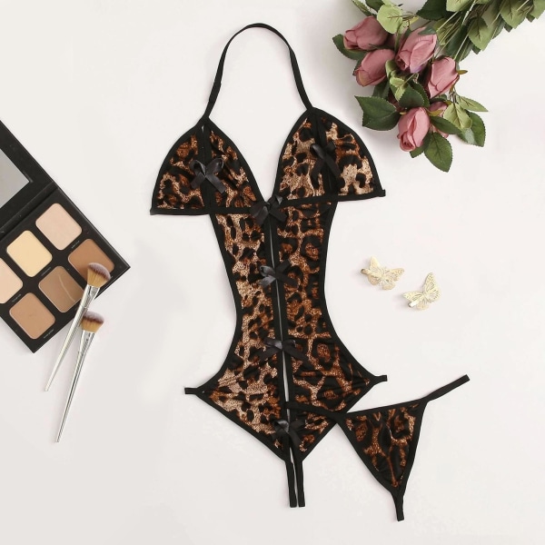 TAM Satin Silk Pyjamas Leopardtryck Pyjamas Underkläder Nattkläder Satin Brown L