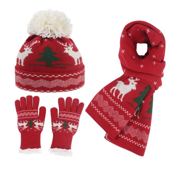 Dam Julstickad Mössa Handskar Halsduk Tredelat Förtjockad Ullmössa Three-piece set-wine red