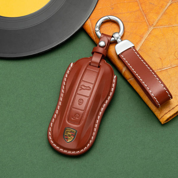 För Porsche Cayenne Taycan Nyckelskydd Panamera Macan718/911 Bilnyckel Skyddsskal Äkta Läder Väska Brown leather hanging buckle