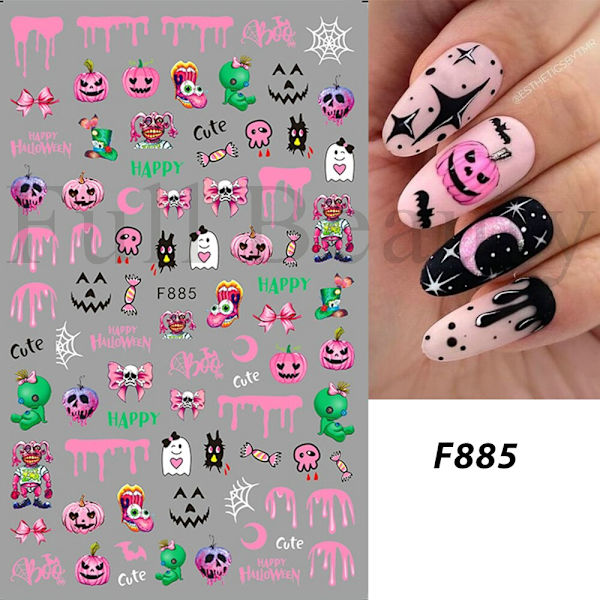 Söta Tecknade Dödskalle Nagelstickers Läskig Halloween Dekoration Spöke Fladdermus Ond Pumpa Sliders För Manikyr Blod Nageldekaler GLF886 F892