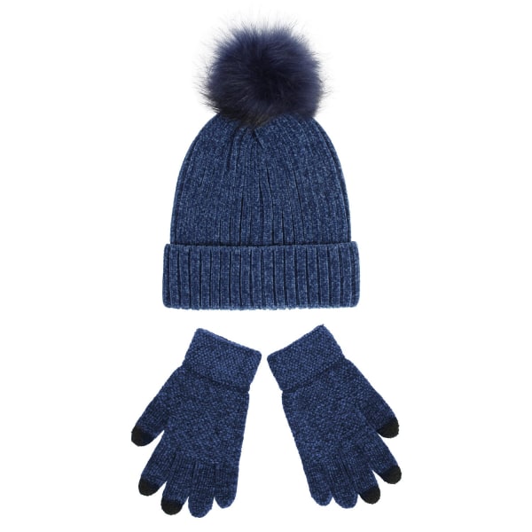 Stickad mössa dam 2023 nya Chenille ull mössa handskar set förtjockad varm fluffig cap höst och vinter Navy blue