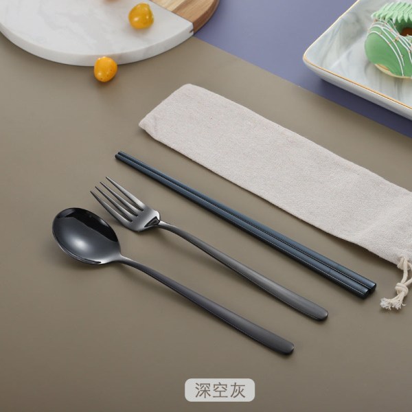 Rustfritt stål koreansk stil skje gaffel spisepinner titanbelagt servise student bærbar tre-delt spisepinner skje gaffel Blue three-piece set