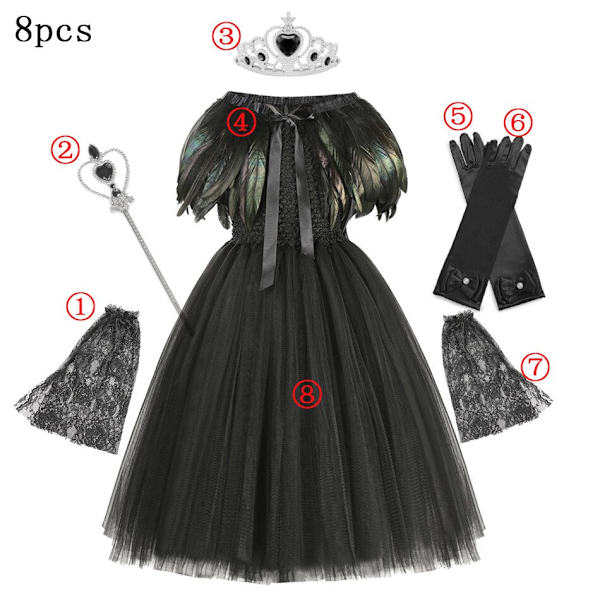 Disney Maleficent Djävulsk Drottning Tutu Cosplay Kostym Halloween Flickor Maskerad Fjäder Vingar Kungliga Barn Utklädningskläder 8pcs Black witch C 2-3Y