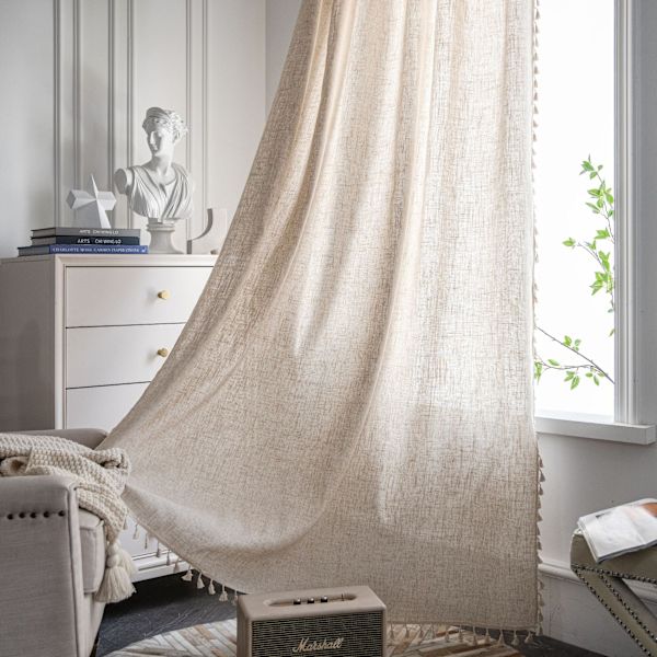 Boho ensfarget vindusgardin i bomullslin med dusker, blendingskappe for luksuriøs stuegardin 1 W150 cm X H280 cm