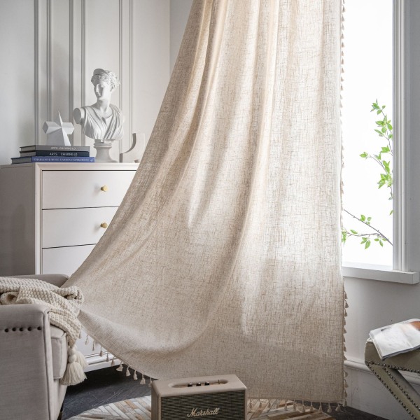Boho ensfarget vindusgardin i bomullslin med dusker, blendingskappe for luksuriøs stuegardin 7 W150 cm X H180 cm
