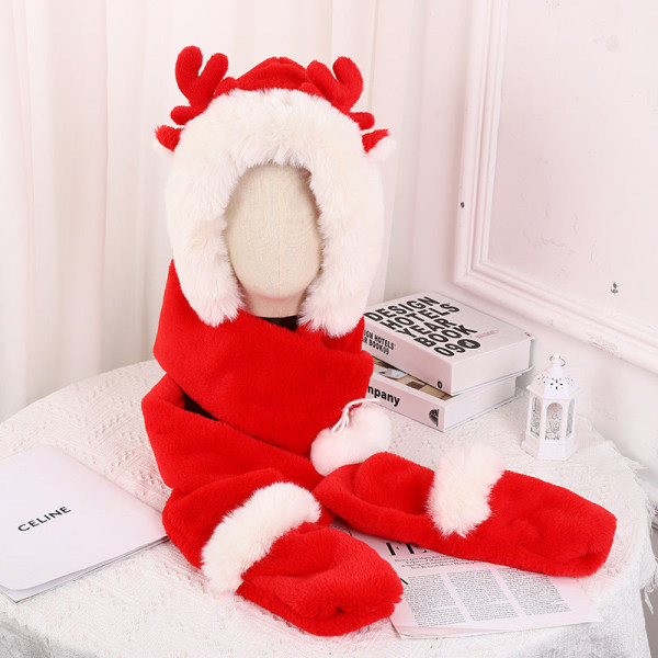 Söta julmössa handskar Scarf tredelad set utomhus Håll värmen Köldsäker plysch i ett stycke WHSS6049-A rabbit ears khaki
