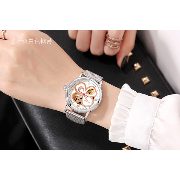 Huangshi Watch Women's Hollow Luminous Automatic Mechanical Watch Modebälte Business Watch Full transparent black steel belt
