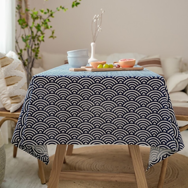 Japanilaistyylinen puuvillapellavainen pöytäliina, pestävä, suorakulmainen, sininen meren aaltoilu, koti, kahvi, ruokapöytä, takka, mikroaaltouunin suojus sector 140x160cm
