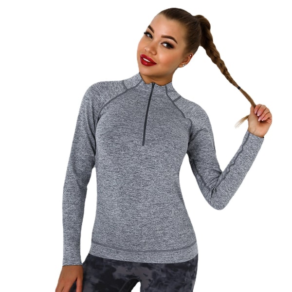 Europeisk och amerikansk stickad Sexig Tight Fitness Sport Skjorta med dragkedja Fukttransport Snabbtorkande Yogakläder Kvinnor 6318 long sleeve-dark gray L