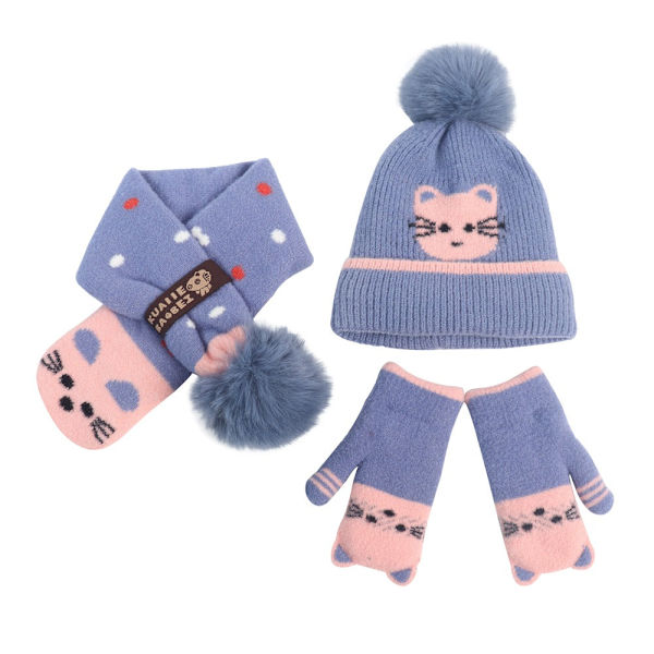 Handskar Tredelat Set Ny Vinter Varm Kostym Tecknad Sammet Ullhatt Cat style-Blue
