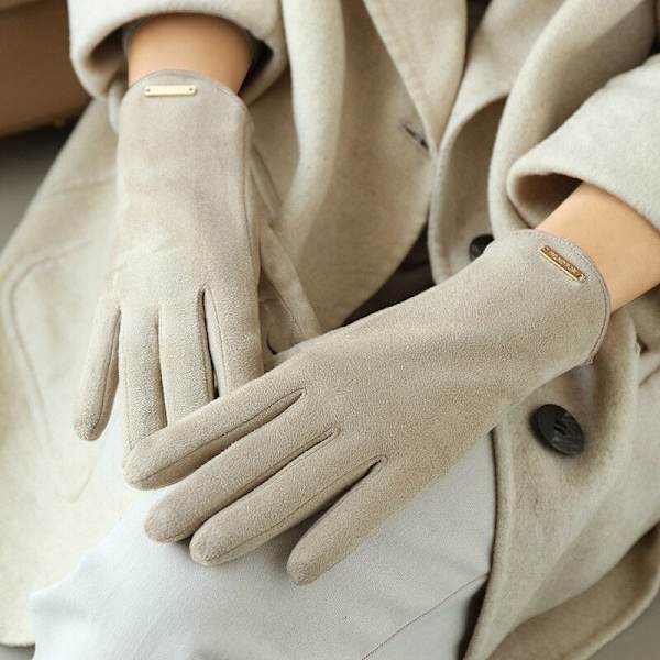 Nye høst- og vinterhansker i semsket skinn for kvinner, holder varmen, tynt fleecefôr, ikke oppblåst, lekkende fingre, clamshell, sykling, mote, elegante hansker Beige One Size