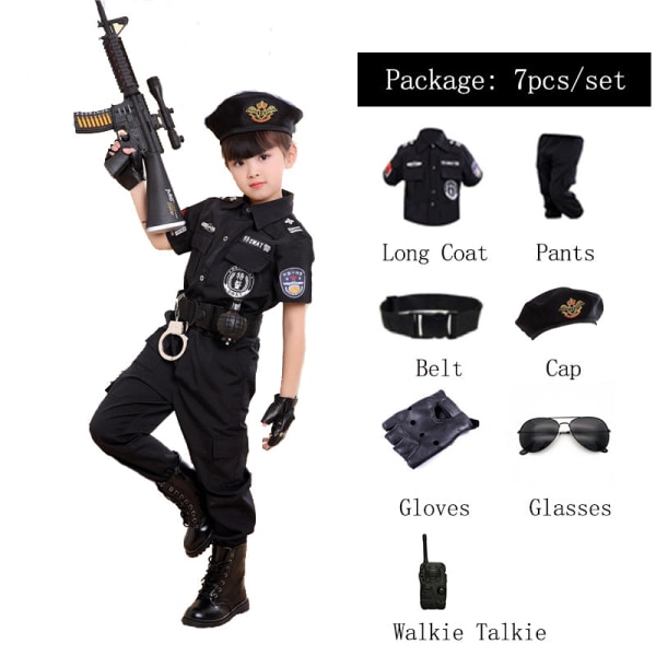 Barnpoliskostymer Barn Halloweenfest Karneval Polisuniform 110-160cm Pojkar Armépoliser Cosplay Klädset Set7 120CM