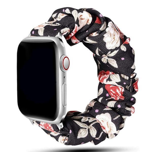 Scrunchie-ranneke Apple Watch -rannekkeelle 44mm 40mm iWatch 42/38mm Joustava Nylon Solo Loop älykäs rannekoru applewatch serie 5 43 SE 6 Black red flower 42mm or 44mm