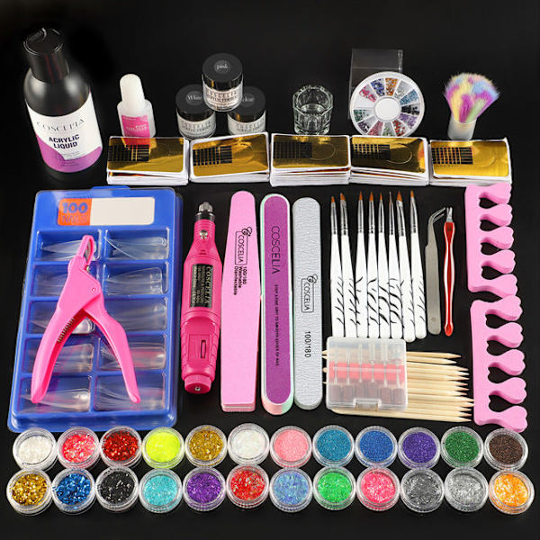 Akrylpulver Set Nagel Torklampa Nagelborr Glitter Allt För Manikyr Maskin Verktyg Borste Professionell Nagelkit Naglar Set A