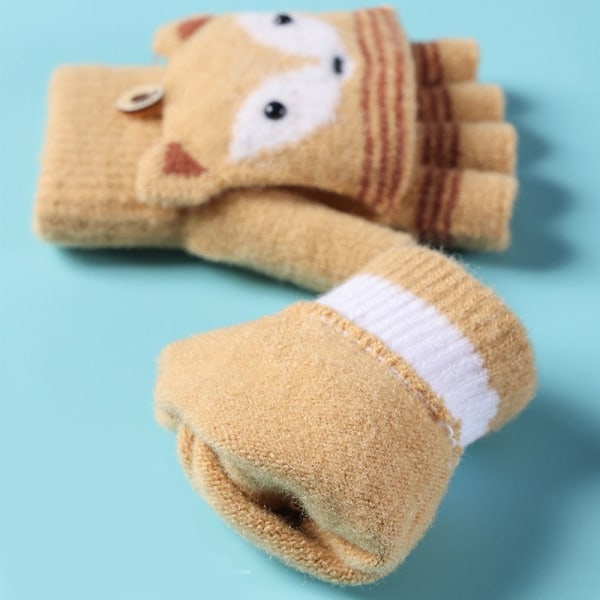 Småbørn Vinter Strikkede Fingerløse Tegneserie Handsker Tykke Varme Udendørs Skrive Konvertible Flip Top Halv Finger Vanter 6-10 År Navy Dino