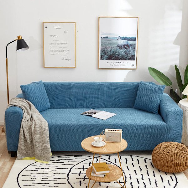 Enfärgad Universal Sofföverdrag för Alla Årstider, Nordisk Trendig Stickad Stretch Allomfattande Sofföverdrag Dammtät Soffkudde West Lake Blue M [double length within 145-185cm]]