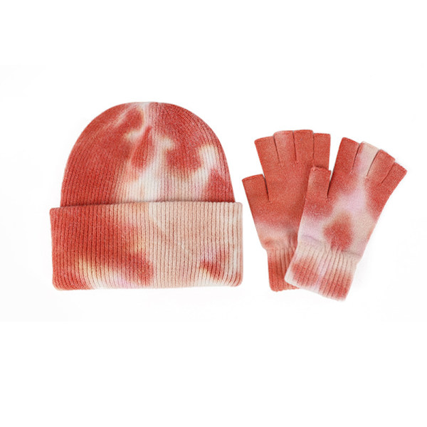 Ull Tie-Dye Handskar Mössa Tvådelad Varm Gradient Stickad Öronlapps Mössa Set Red tie-dye suit