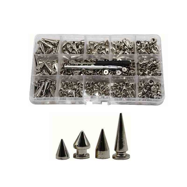 180/80 Set Punk Nit Skruvback Dubbar och Spikes Kit med verktyg Läder Craft Bullet Cone DIY för läderkrage Armband silver 80 sets