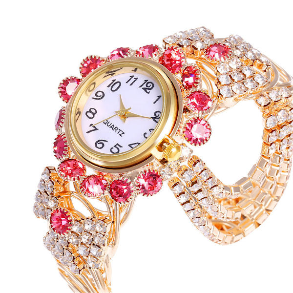 Elegant dameklokke med diamanter, moteriktig legeringsarmbåndsur for kvinner Red