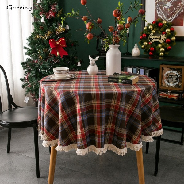Gerring Joulupöytäliina Kahvipöydälle Lankavärjätty Ruudullinen Juhla Häät Deco Pöytäliina Amerikkalainen Pyöreä Tupsu Pöytäliina Juhliin Green Round 120cm