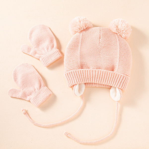 Sød Strikket Pompom Babyhue Handsker Kasket Tyk Varm Pige/Dreng Hue Handsker Beanie Vinter Ørevarm Børnehue Baby Bonnet Muts GrayGlovesHat