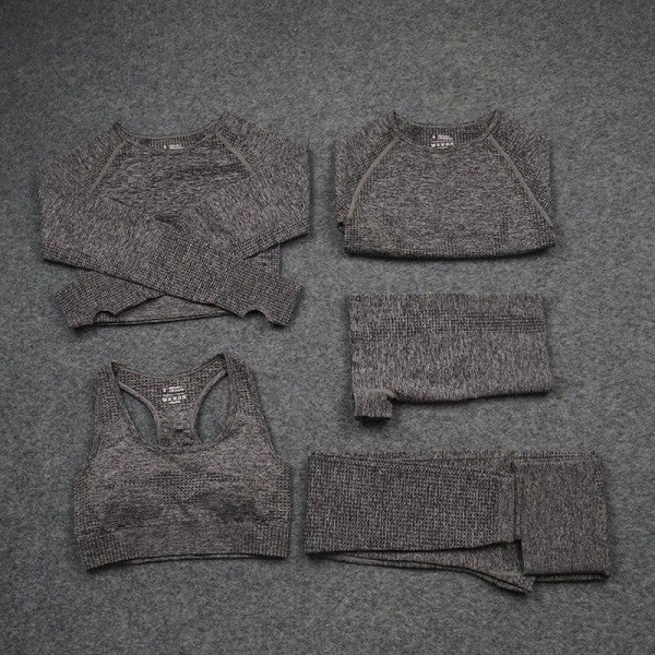 Yoga Sæt Sømløs Langærmet Crop Top Højtaljede Gym Fitness Leggings Til Kvinder 5PcsSet-DarkGray S