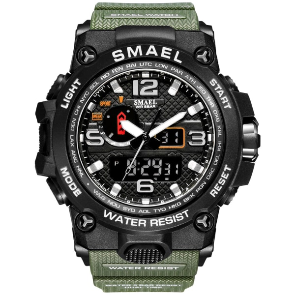 Kellot Miehille 50M Vedenpitävä Kello Hälytys reloj hombre 1545D Kaksoisnäyttö Rannekello Kvartsikello Sotilaskello Urheilu Miesten CAMOARMYGREEN