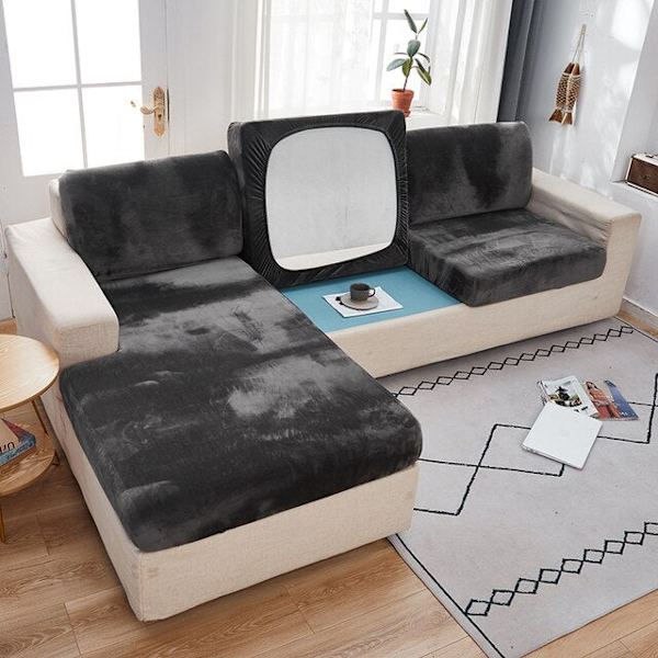 Tjockt Sammet Sofföverdrag Enfärgat Soffkuddsöverdrag Elastiskt Överdrag Allomfattande Sofföverdrag Matsal dark grey Backrest cover
