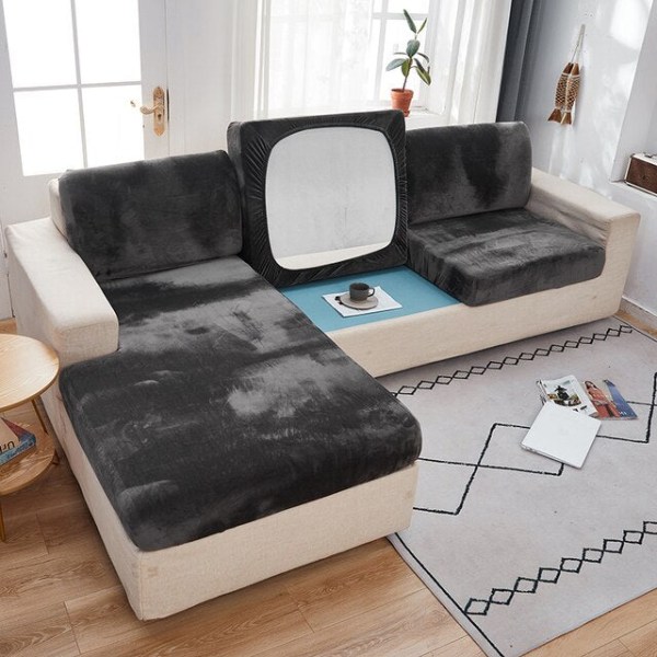Tykt Velour Sofabetræk Ensfarvet Sofahynde Betræk Elastisk Slipcover Altomfattende Sofabetræk Spisestue dark grey normal size-50-70